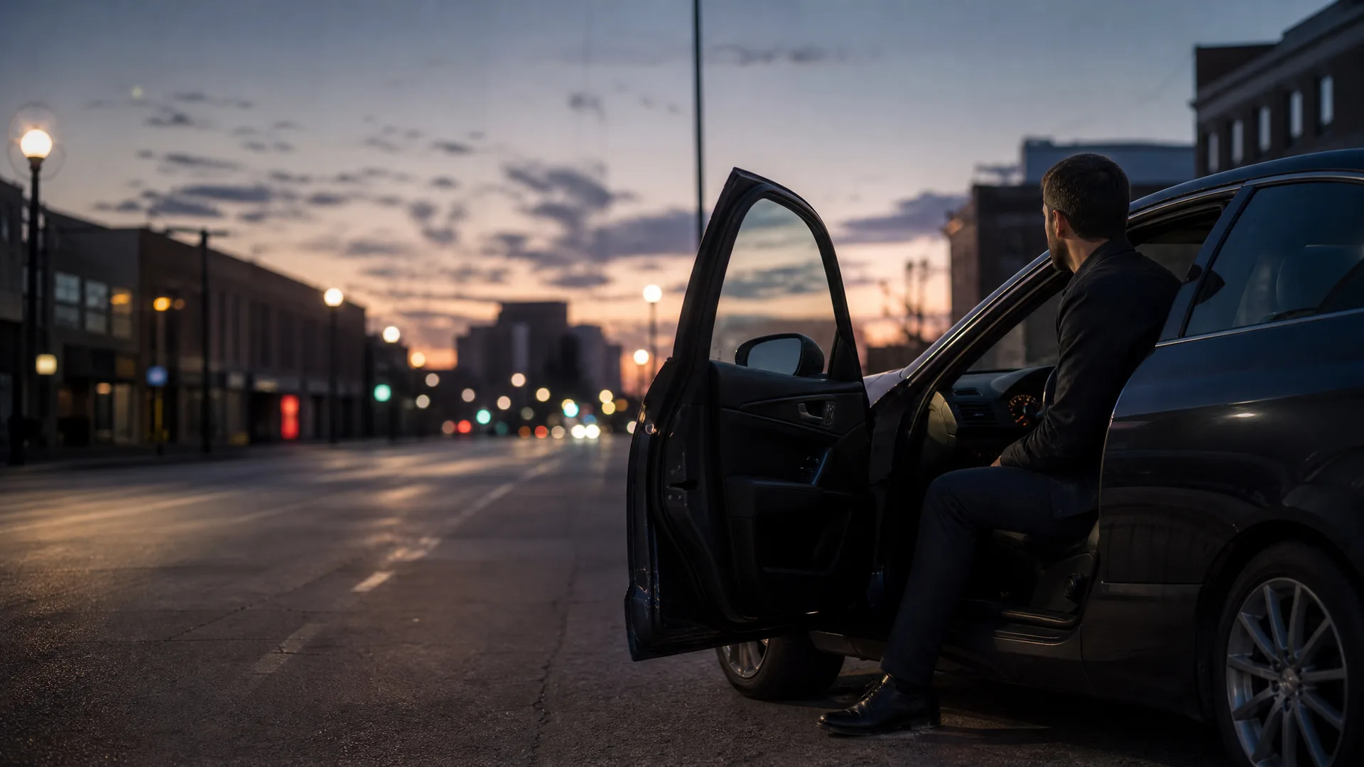 A man in a dark suit sits in the open driver's doorway of a car parked on a city street at dusk, with blurred buildings and lights in the background.